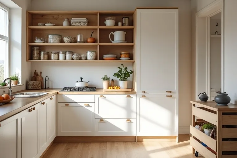 Kitchen counters kept clear by storing most items behind closed cabinets and out of sight