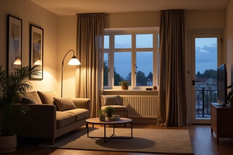 A lived-in living room with layered lighting, including an arc floor lamp and two table lamps, creating a soft warm glow.