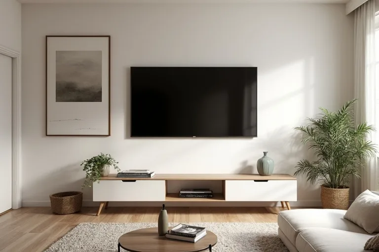 A calm living room with a mounted TV, neutral framed wall art, and a layered but uncluttered feature wall