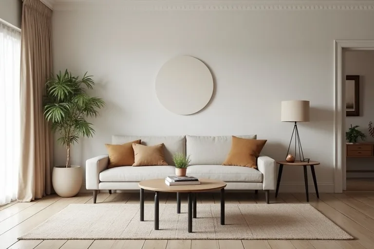 A calm living room showing a practical sofa layout with clear walking space and simple side lighting