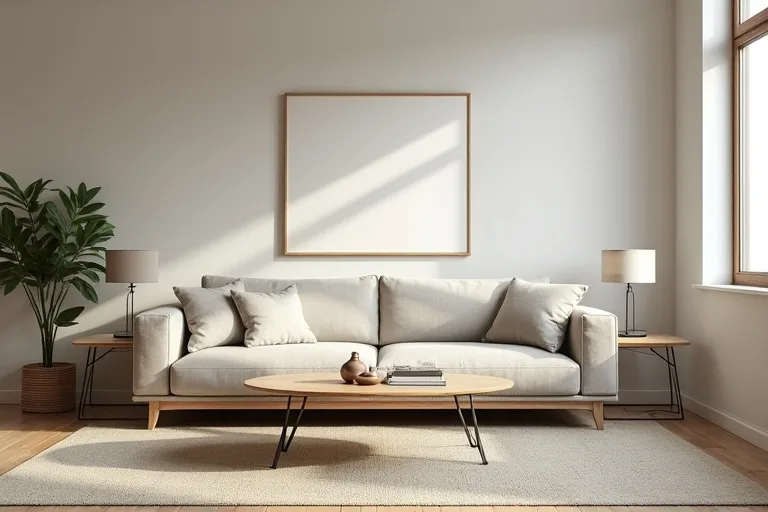 A living room layout being planned with a sofa placed to leave balanced open space