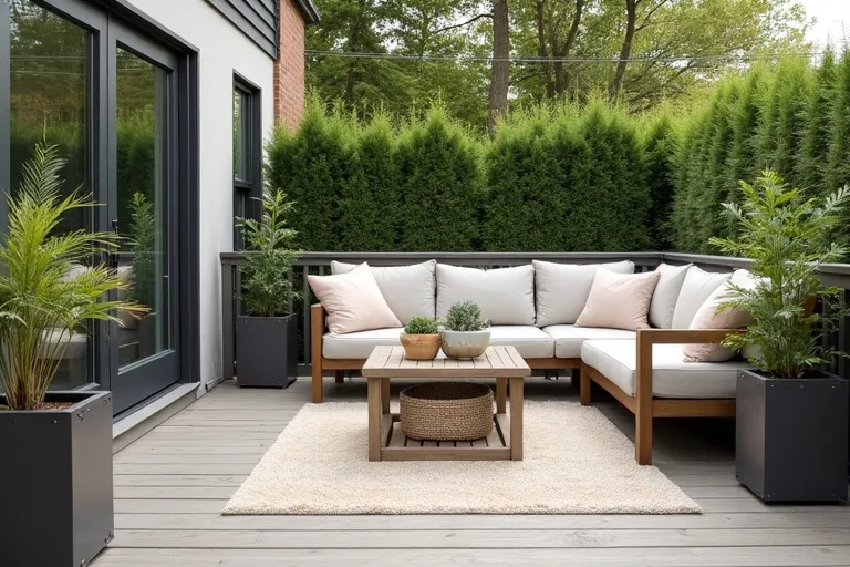 Large outdoor planters adding height and softness beside a small seating area on a deck