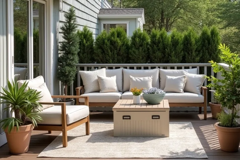 A simple deck layout with a defined seating area and open walking space