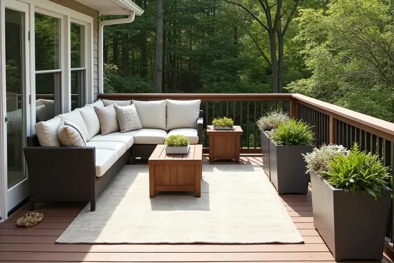 A waterproof deck storage box used as a side table in a calm outdoor seating area