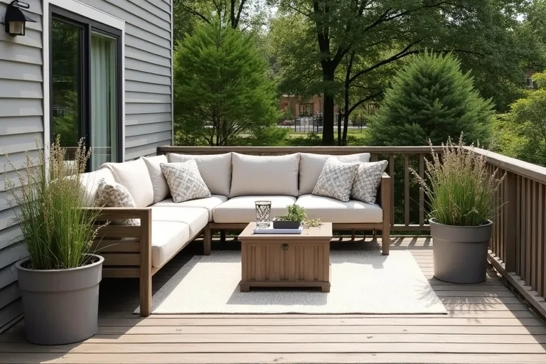 A calm residential deck styled with large planters, a waterproof storage box, and simple layered decor without clutter