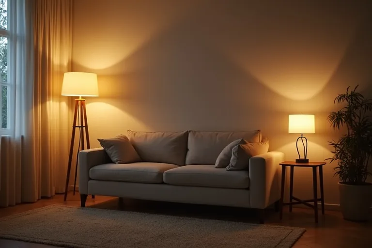 A calm living room with layered lighting from a floor lamp and table lamps that creates a soft, balanced atmosphere.