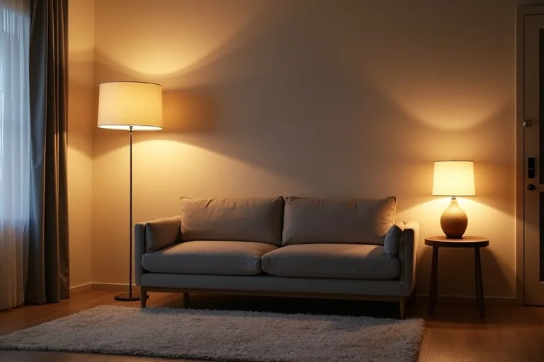 A living room lit mainly by a single overhead light can feel flat and less inviting than a layered lighting plan.