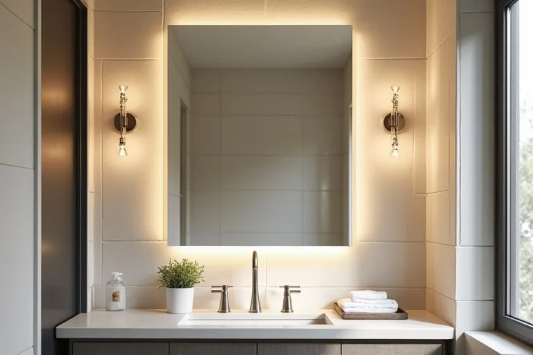 A bright modern bathroom with layered lighting above the vanity and ceiling light for a practical everyday setup.