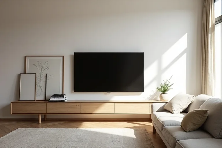 A TV wall viewed from the seating area, showing how height and angle affect the room