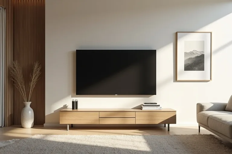Neutral framed wall art styled beside a wall-mounted TV in a calm living room
