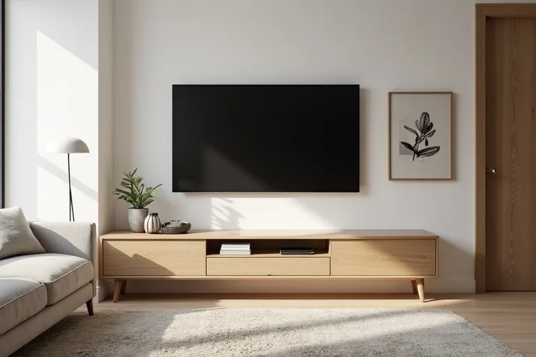 A simple TV wall with a low console and balanced styling that feels calm and intentional