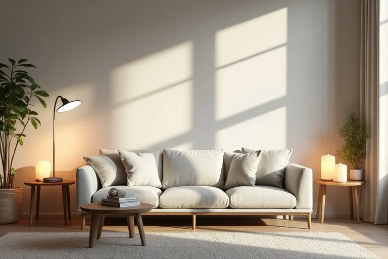 A modern living room with layered lighting from a floor lamp and table lamps creating a warm, practical atmosphere.