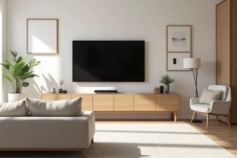 Neutral framed artwork arranged beside a wall-mounted TV to create visual balance