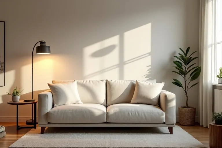 A calm living room lit with soft layers of ambient and task lighting around a sofa and side tables.