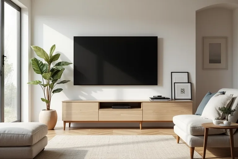 A calm living room with a wall-mounted TV, neutral framed art, and balanced styling around the TV wall