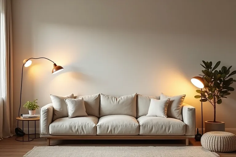 A living room corner with a warm table lamp creating gentle depth beside neutral seating and textures.