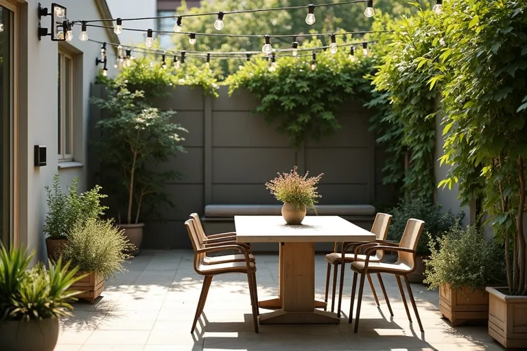 A realistic outdoor dining area with a compact table, chairs, and clear walking space on a calm patio.