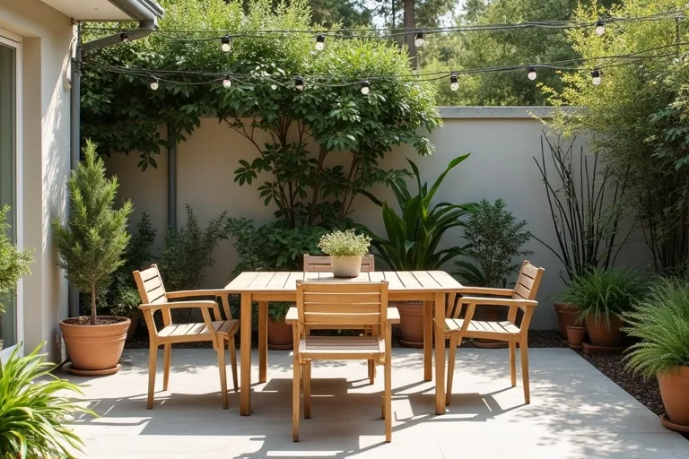 A practical patio layout showing dining furniture with open space for circulation and easy chair movement.