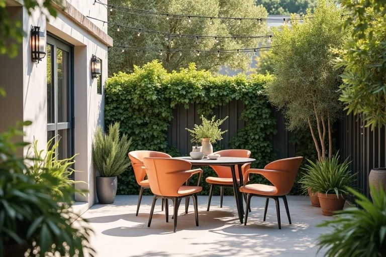 A compact outdoor dining zone placed with clear access around it on a modest patio.