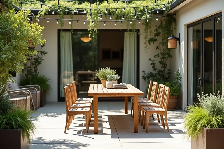 A realistic patio dining area with a wooden table, weather-friendly chairs, string lights, and clear space around the seating.