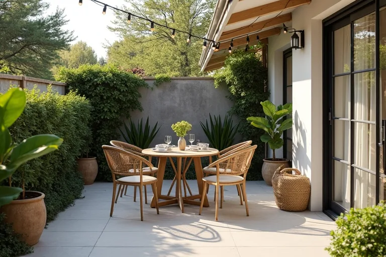 Outdoor dining layout with enough clearance around the table for everyday movement.