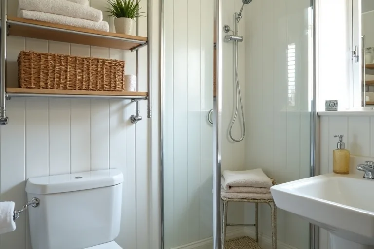 An over-toilet shelving unit making use of vertical bathroom space without crowding the floor.