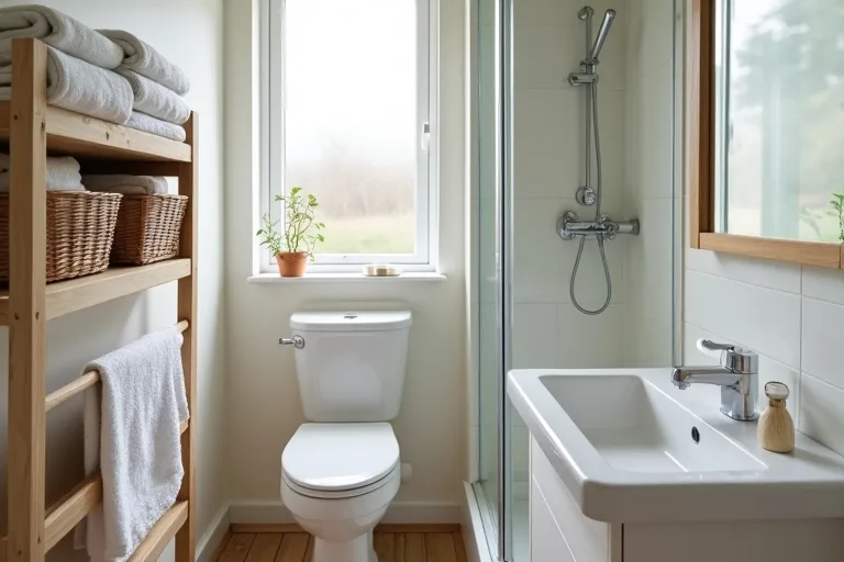 A rustproof shower caddy and tidy under-sink storage showing separate wet and dry bathroom zones.