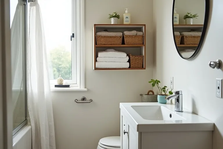 Bathroom shelves and storage zones arranged for towels, toiletries, and daily essentials.