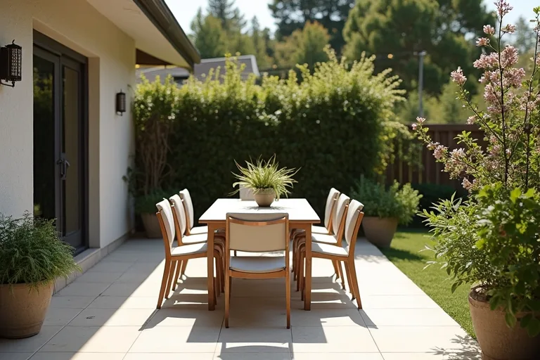 A realistic outdoor dining area on a patio with clear walking space around the table and chairs.