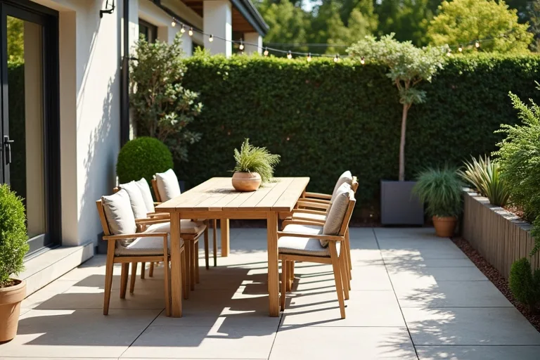 A calm patio dining space with subtle lighting and uncluttered accessories.