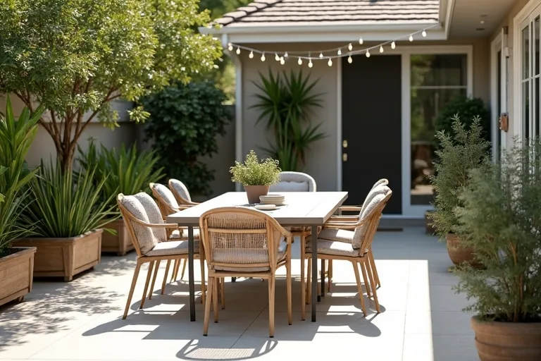 A patio dining area with room to walk around the table and chairs without crowding.
