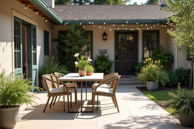 An outdoor dining setup sized to leave open space around the table and chairs.