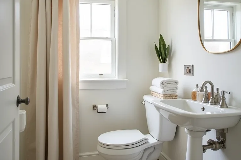 A calm guest bathroom with a neutral shower curtain, soft towels, and a simple countertop organizer tray.