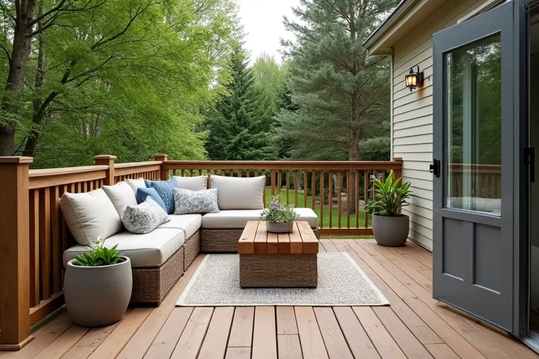 A wooden deck layout with seating arranged to keep circulation open