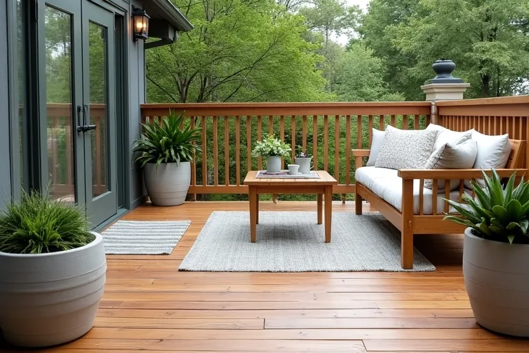 A calm wooden deck styled with seating, large planters, and a waterproof storage box