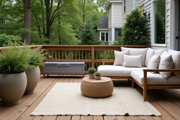 A small outdoor seating area on a wooden deck planned around everyday use