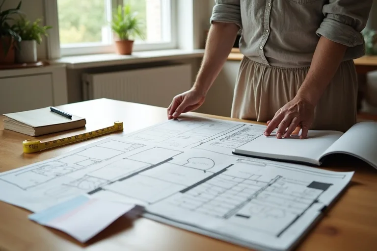 Budget sheets, swatches, and measuring tools used for room by room renovation planning