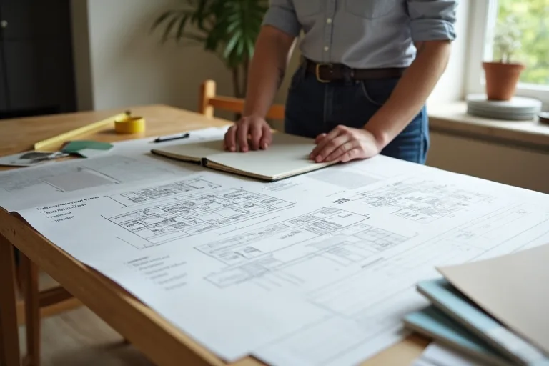 Homeowner reviewing renovation plans and budget notes at a kitchen table during whole home renovation planning