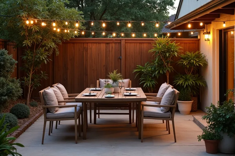 A backyard dining area with simple seating, soft lighting, and a more intentional finished look