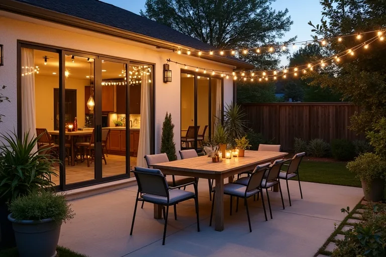 A compact backyard dining area with enough space to move comfortably around the table