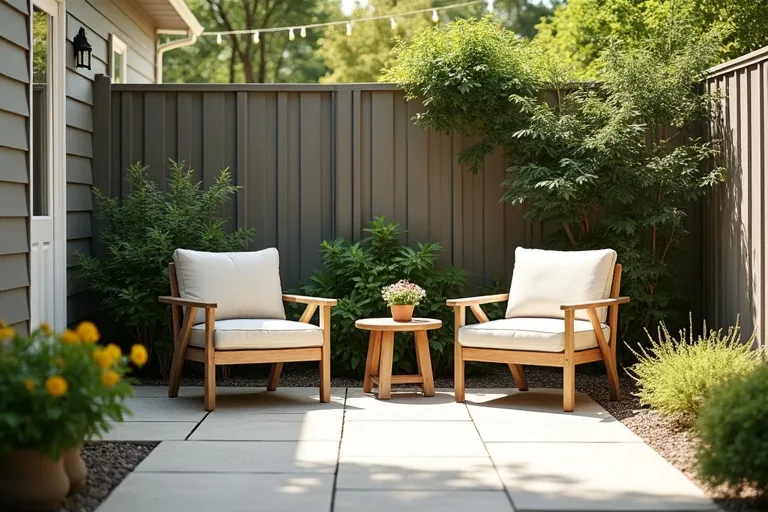 A practical backyard setup showing seating, open walking space, and storage planning for a small outdoor area.
