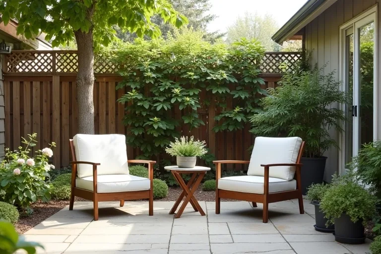 A simple backyard seating area with chairs, a small table, and a waterproof storage box for cushions and outdoor clutter.