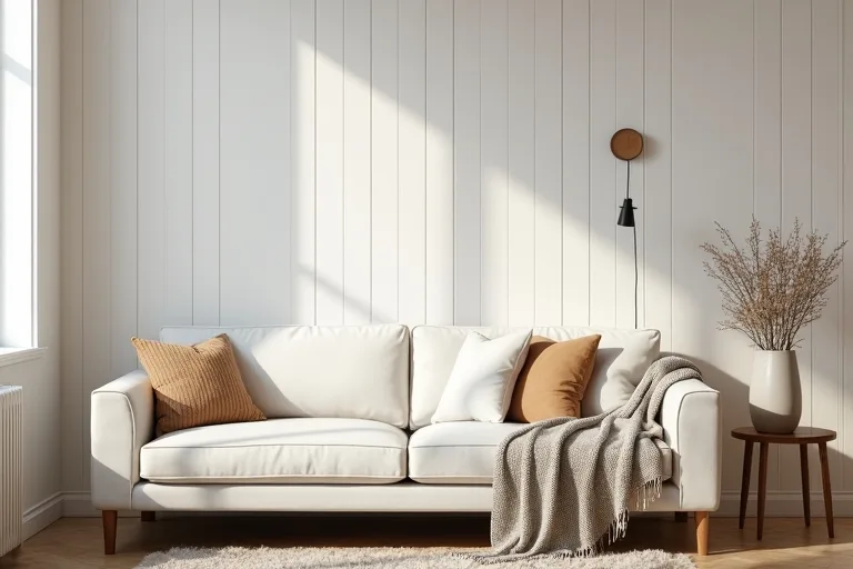 A modest farmhouse living room with white walls, warm wood accents, and simple neutral seating