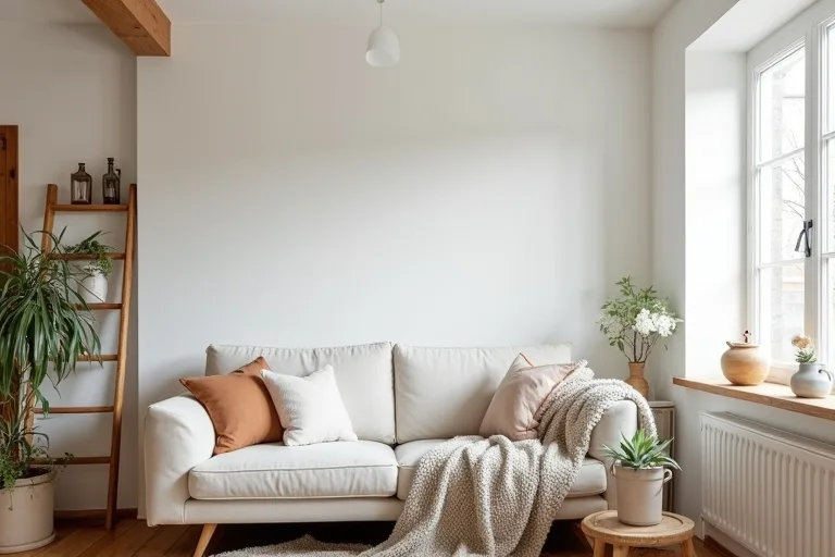 Neutral farmhouse decor details showing simple textures and balanced natural materials