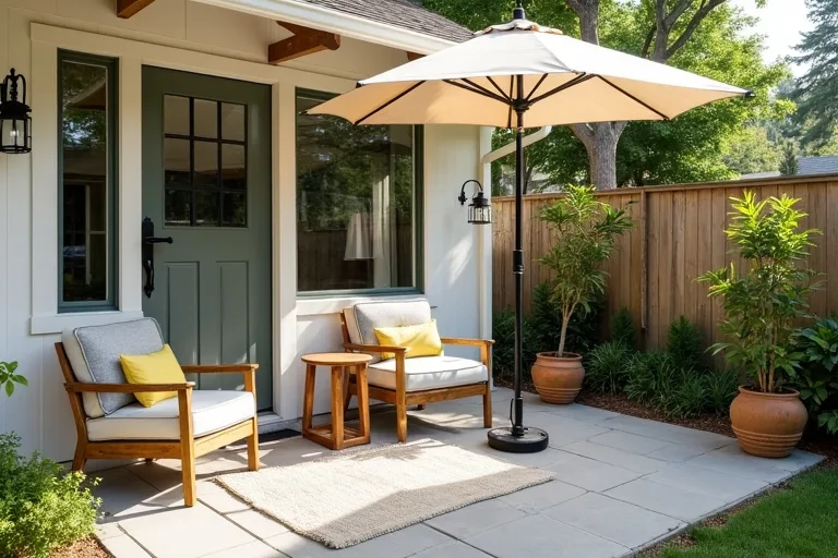 A front porch with shaded seating, weather-friendly textiles, and enough room to move comfortably.