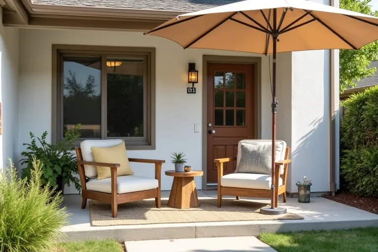 A calm front porch with outdoor chairs, a small table, an umbrella, and simple decor in a realistic home setting.