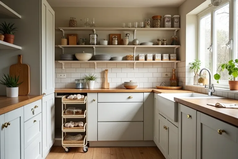 Kitchen storage cart and pantry containers used as a budget-friendly organization fix