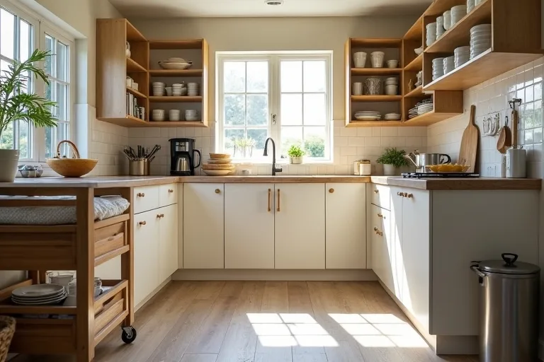 Calm kitchen scene showing practical storage planning for a small or medium space