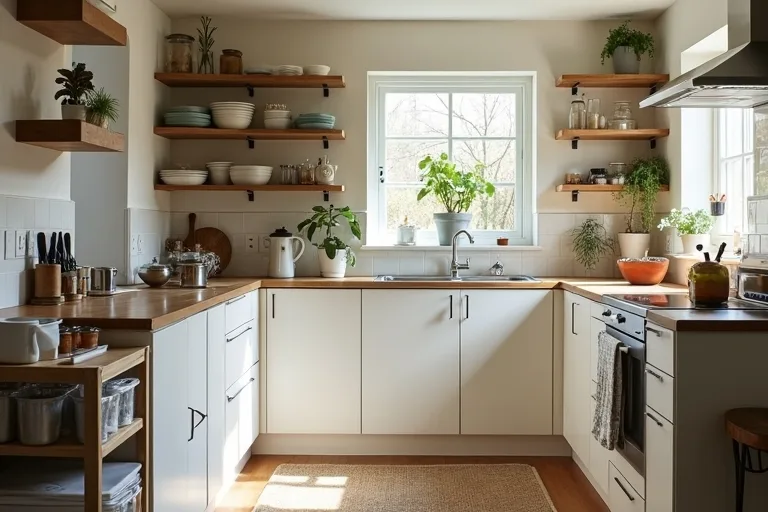 A lived-in kitchen showing a rolling storage cart, pantry containers, and a subtle built-in storage upgrade