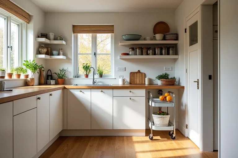 Subtle built-in kitchen storage upgrade with practical everyday shelving and cabinetry